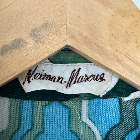 Vintage Neiman Marcus 70s Button Up Shirt Green Blue Polyester Size 10 / Medium - Picture 3 of 9